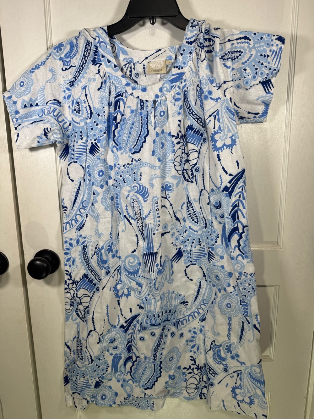 LanTana Casuals 100% Linen Dress, Blue and White Paisley Floral Print, Size M